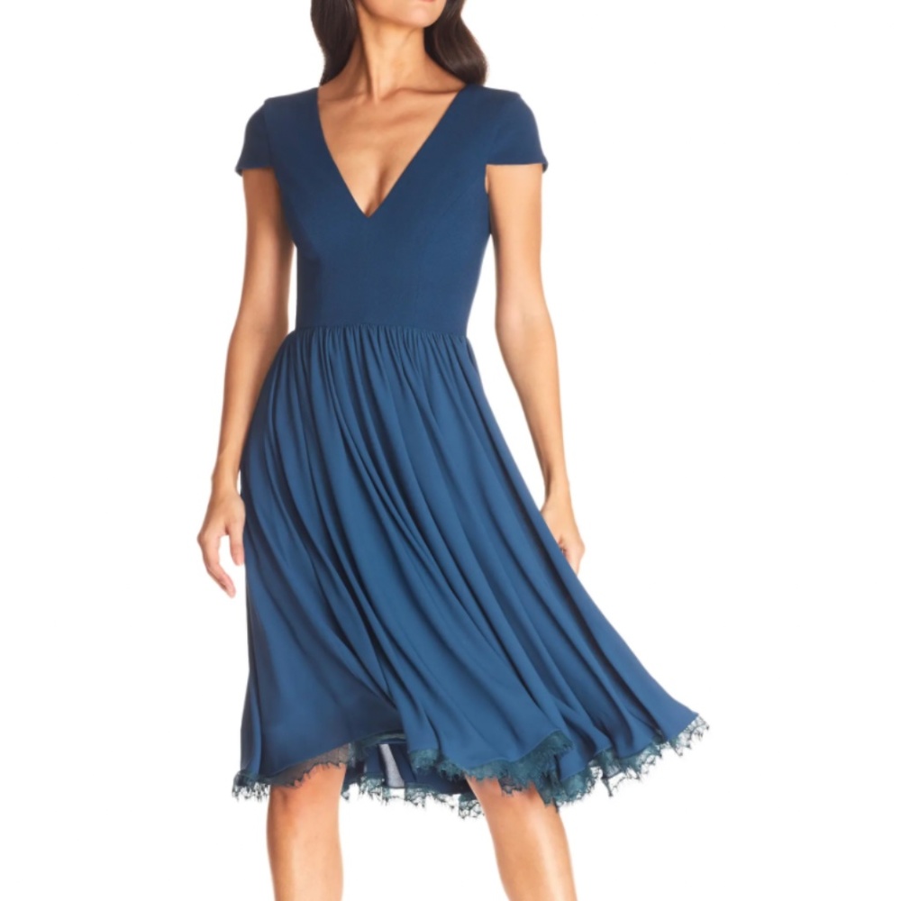 Dress the Population Corey Chiffon Fit & Flare Cocktail Dress- Peacock Blue
